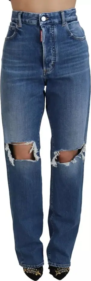 Blue Distressed High Waist Straight Denim Jeans