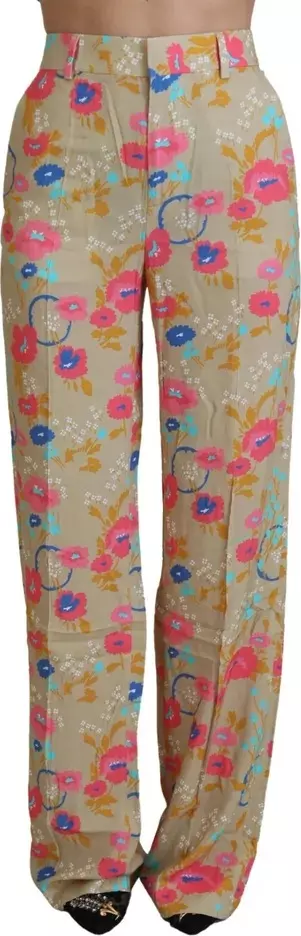 Beige Floral High Waist Straight Pants
