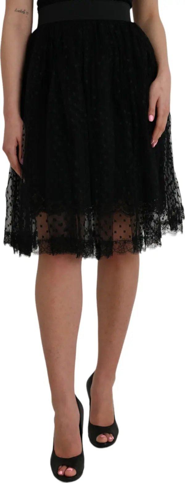 Black Nylon Lace Trim High Waist A-line Skirt