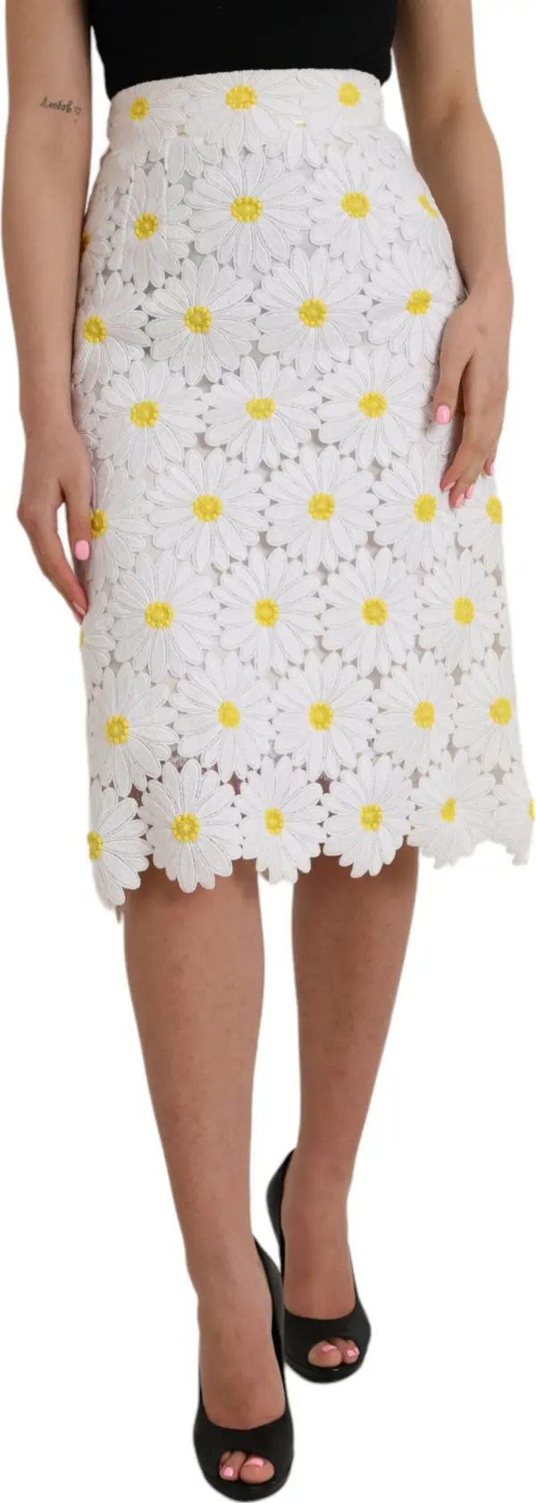 White Floral Pencil Straight Lace Skirt