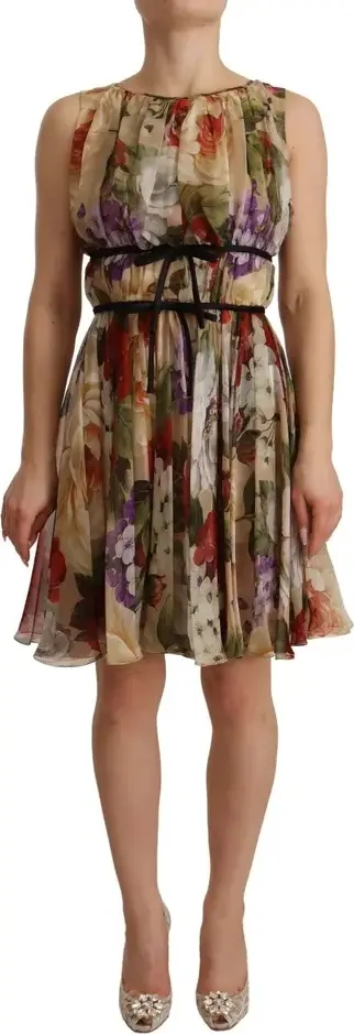 Beige Floral Sleeveless Round Neck Mini Dress