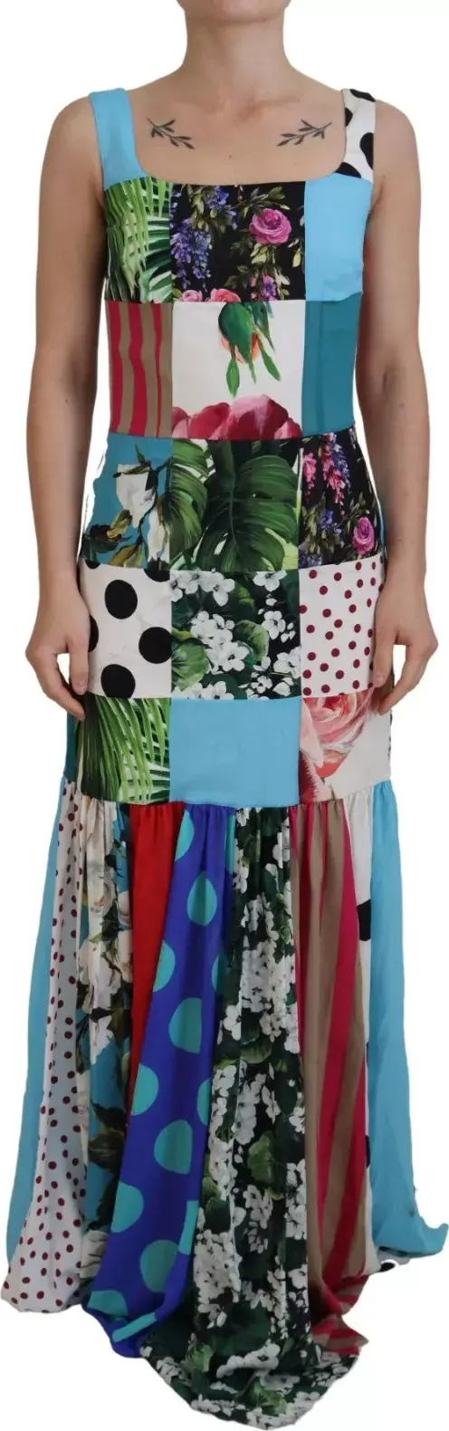 Silk Multicolor Patchwork Sheath Maxi Dress