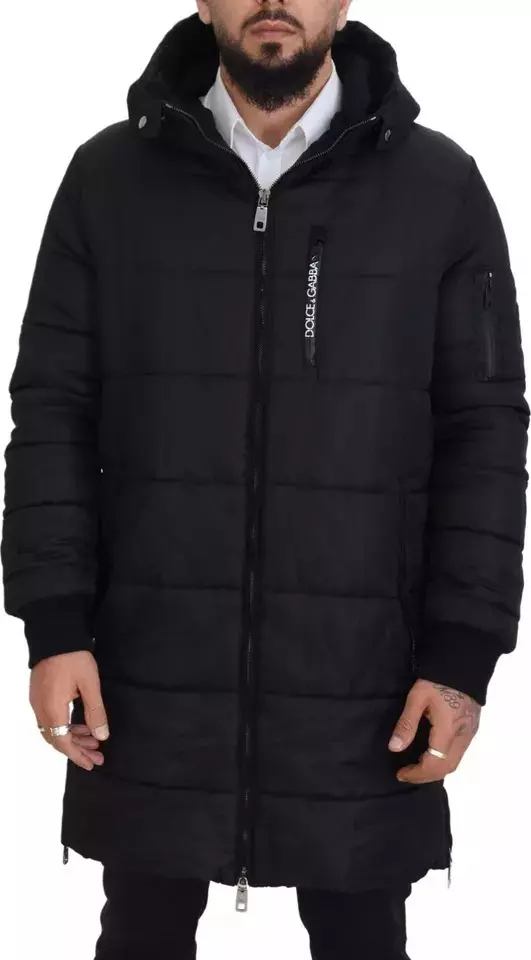 Black Nylon Hooded Parka Coat Winter Jacket