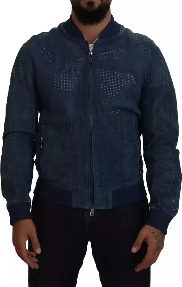 Blue Leather Perforated Full Zip Jacket