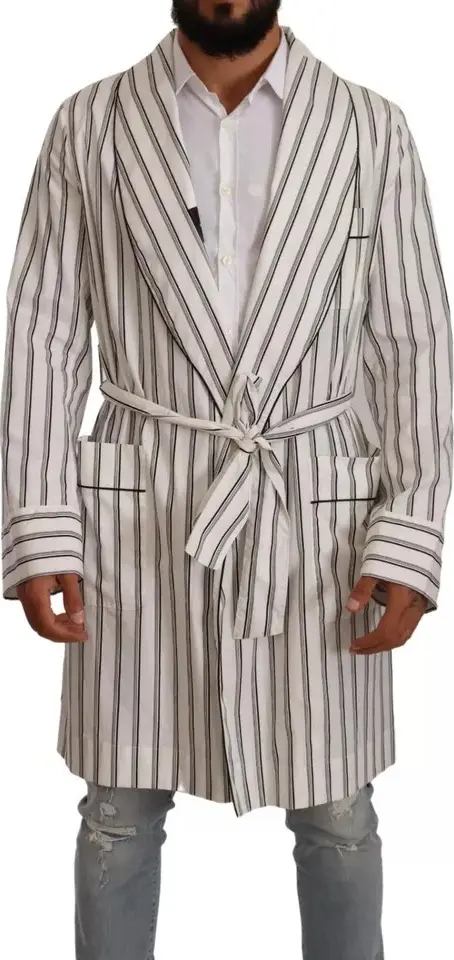 White Striped Cotton Robe Coat Wrap Jacket