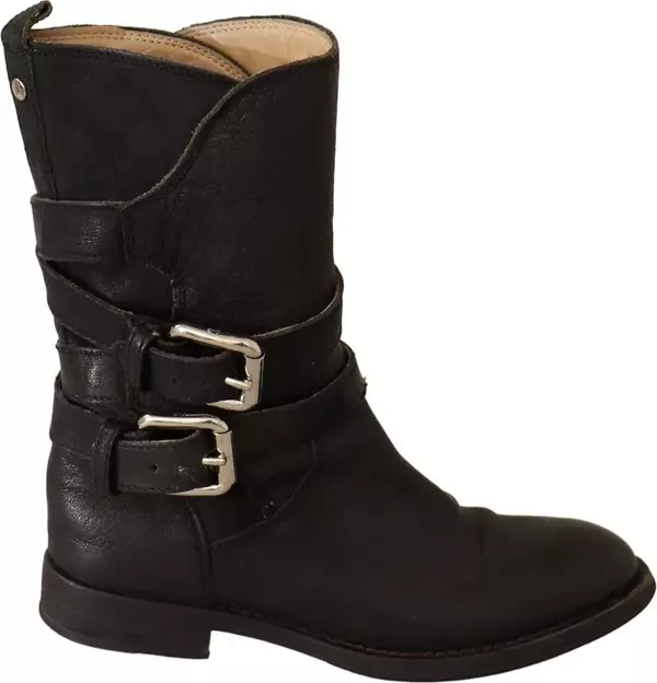 Black Leather Buckle Mid Calf Boots Shoes