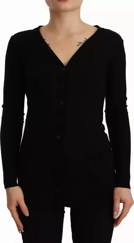 Black Wool Knit Button Down Cardigan Sweater