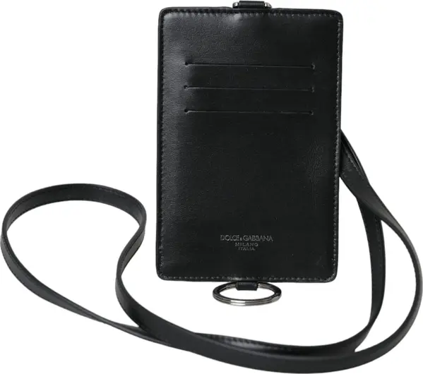 Black Calf Leather Lanyard Logo Card Holder Men Wallet