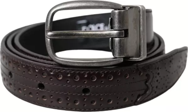 Dark Brown Perforated Leather Metal Buckle Belt Men