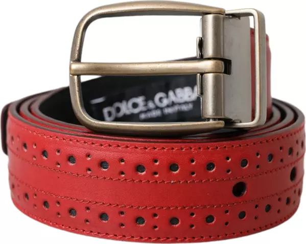 Red Perforated Leather Metal Buckle Belt Men