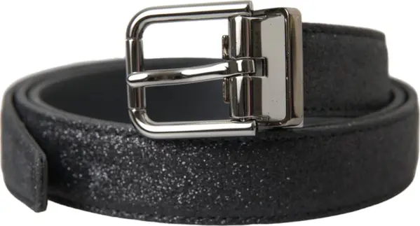 Black Glittered Leather Silver Buckle Belt