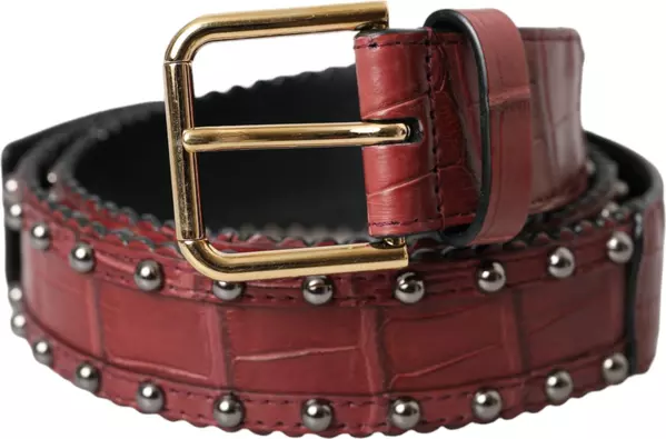 Brown Alligator Leather Studded Metal Buckle Belt
