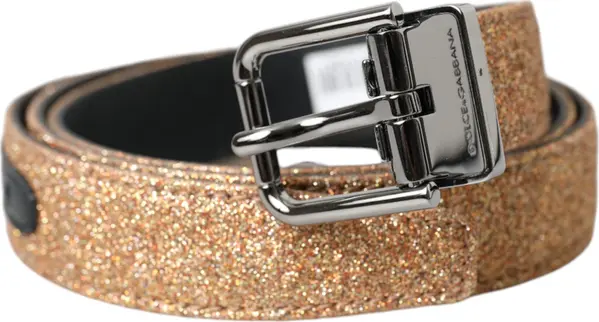 Gold Glitter Leather Silver Metal Buckle Belt
