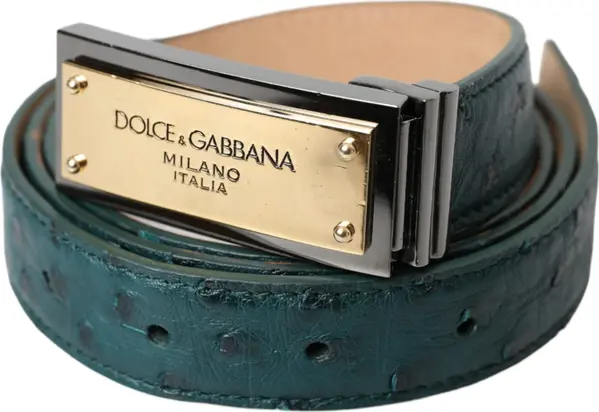 Green Leather Gold Logo Engraved Buckle Belt