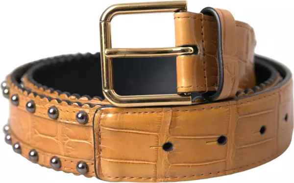 Beige Alligator Leather Studded Metal Buckle Belt