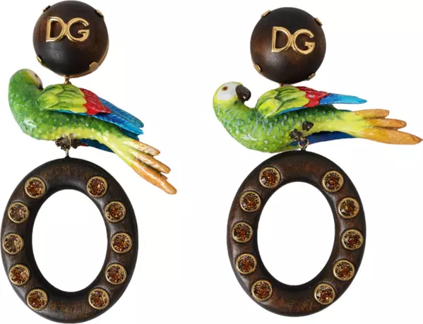 Multicolor Parrot Wood Brass Crystal Embellished Earrings