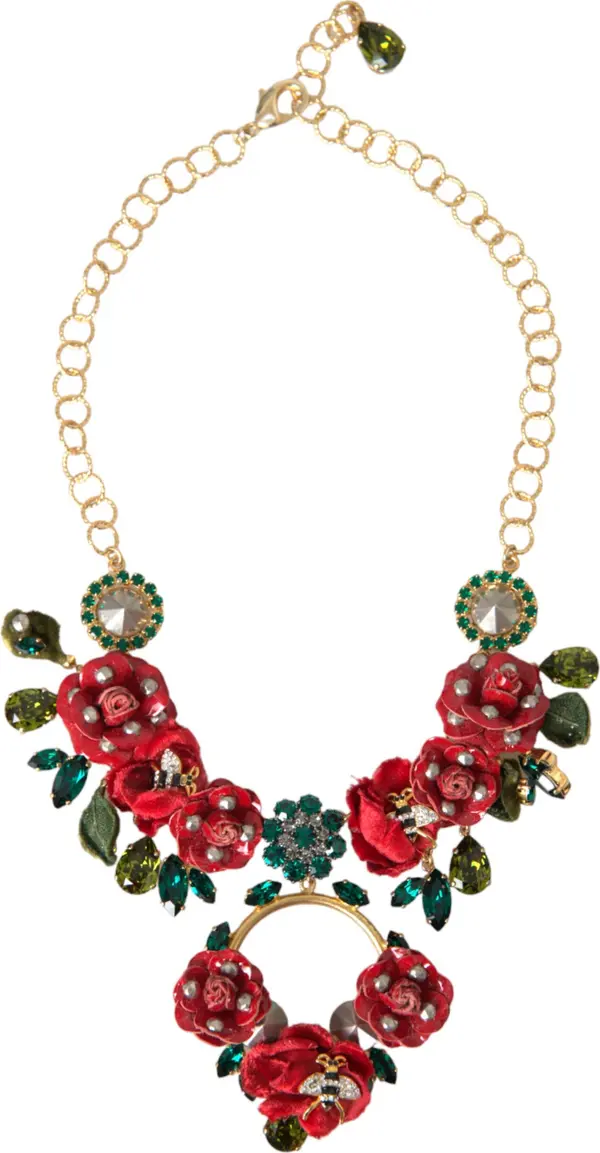 Gold Brass Link Chain RosePetal Crystal Pendant Necklace