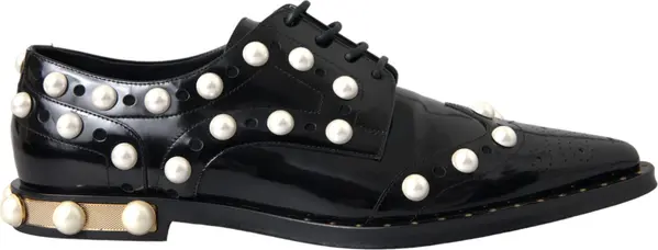 Black Leather Faux Pearl Dress Broque Shoes