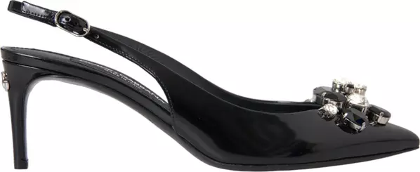 Black Patent Leather Crystal Slingback Shoes