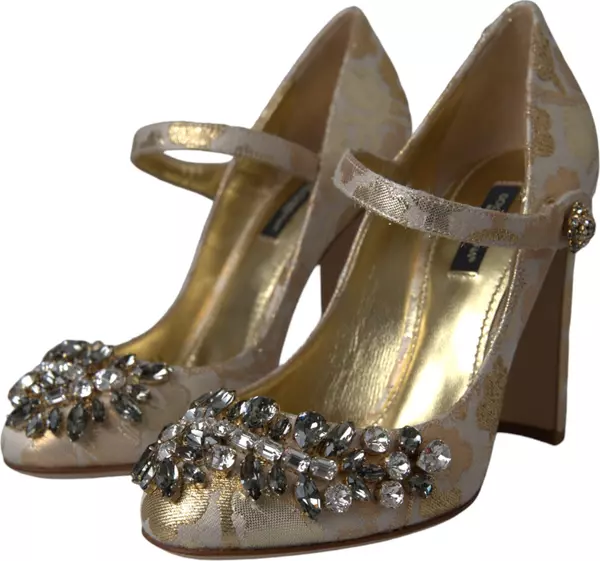 Gold Jacquard Crystal Mary Janes Pumps Shoes