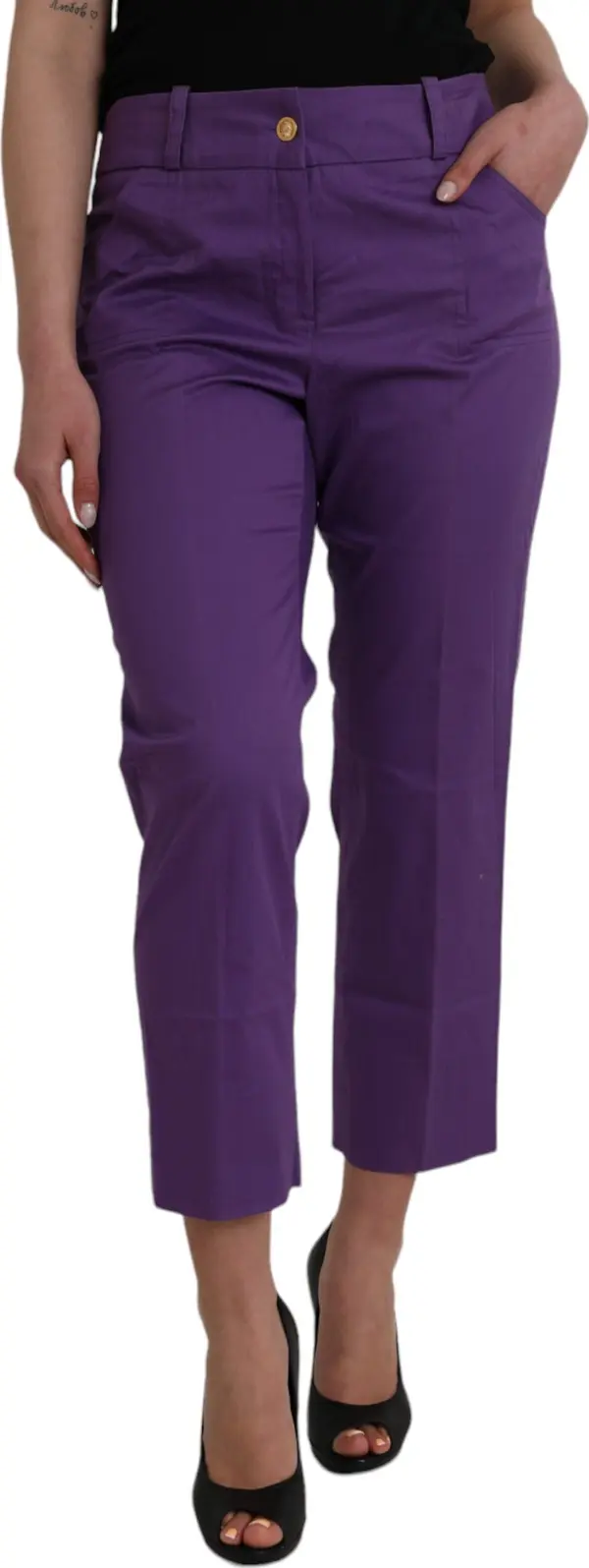 Purple Cotton MidWaist Straight Cropped Pants