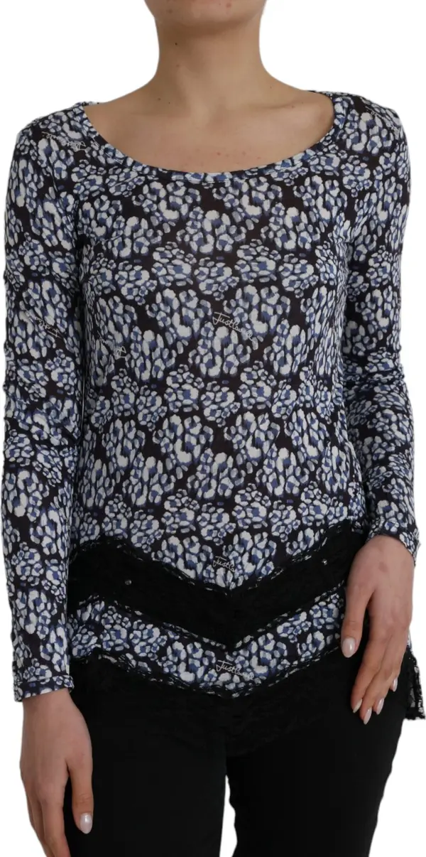 Blue Floral Lace Long Sleeves Top Underwear Blouse