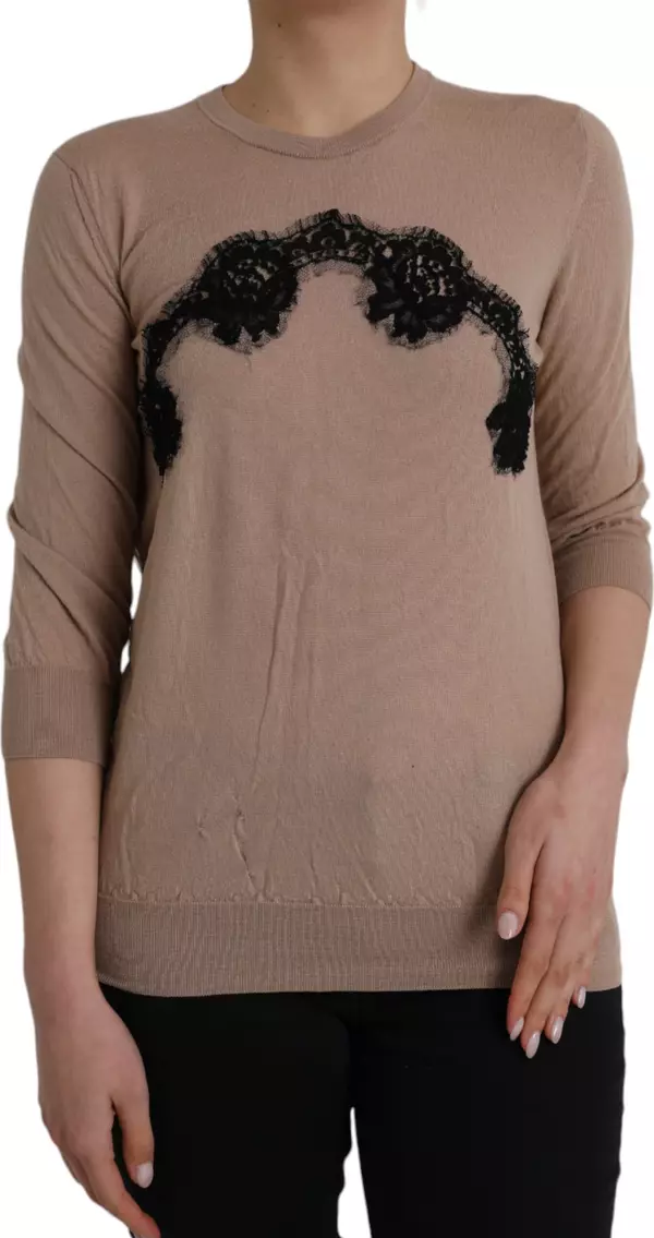 Brown Wool Black Lace 3/4 Sleeve Blouse Top
