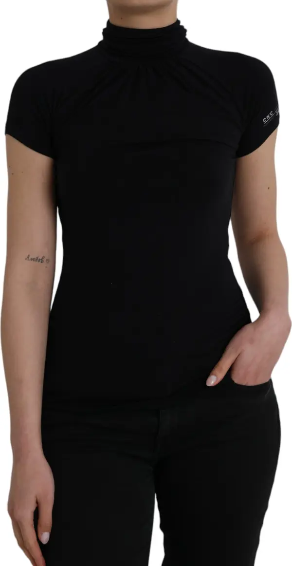 Black Turtleneck Viscose Short Sleeve Top