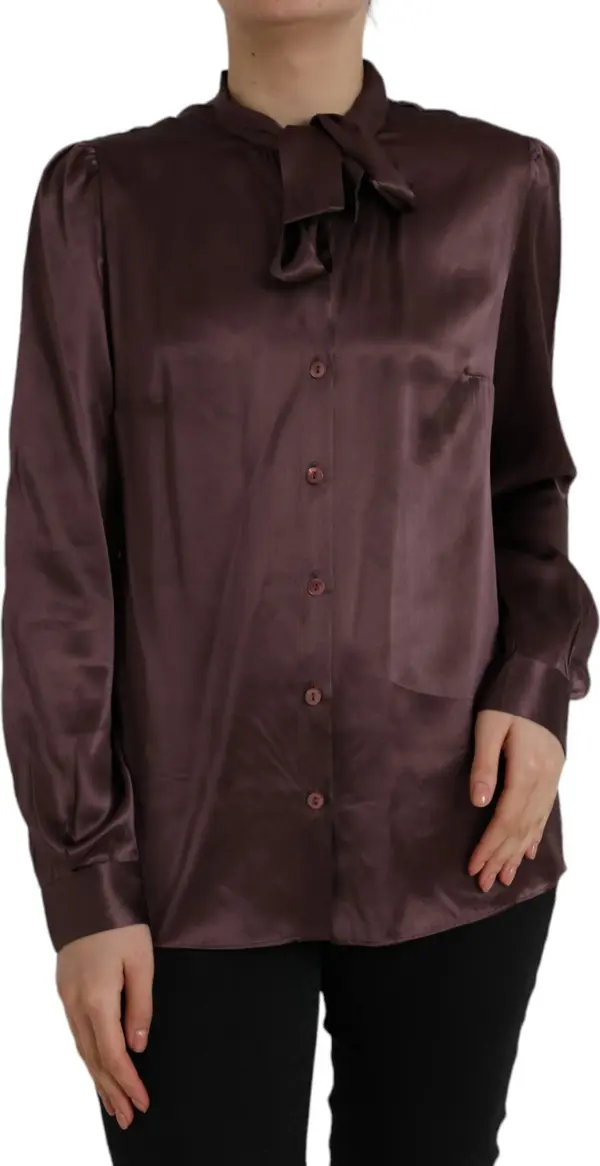 Brown Ascot Collar Long Sleeve Top Blouse