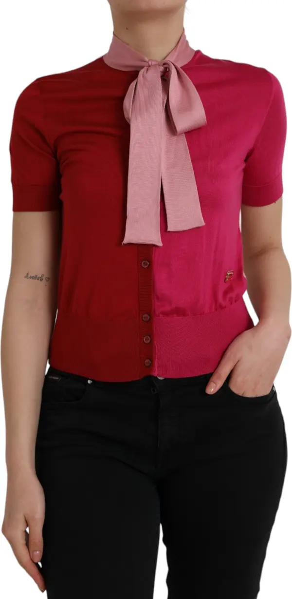 Pink Short Sleeves Pullover Ascot Collar Top