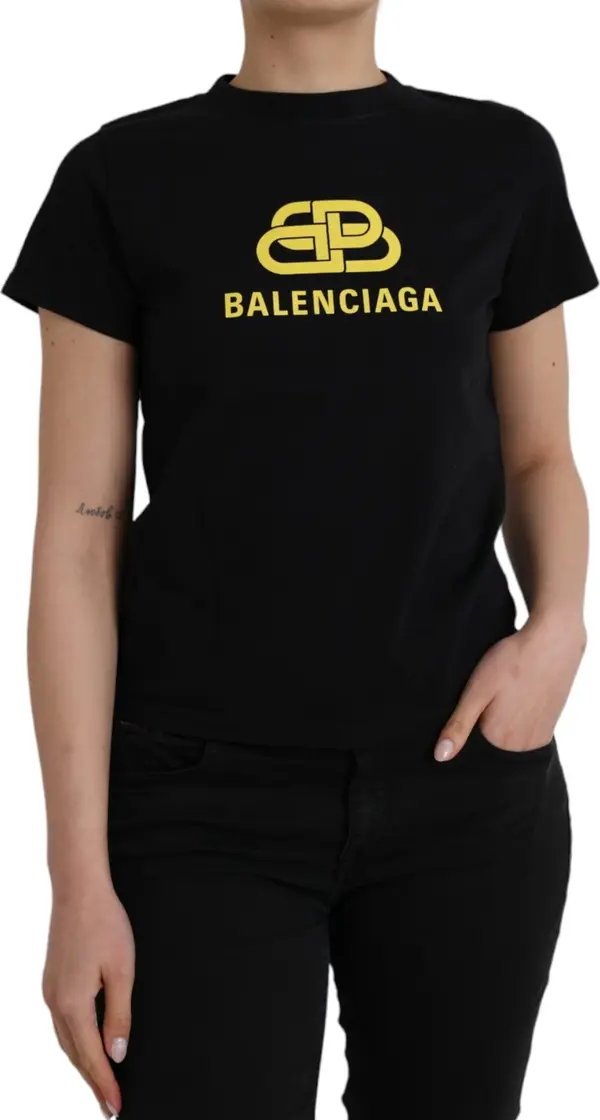 Black Cotton Logo Print Crew Neck Short Sleeves T-shirt