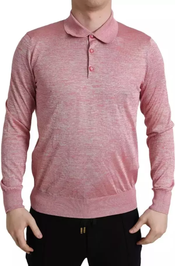 Pink Polyester Collared Men Pullover Sweater
