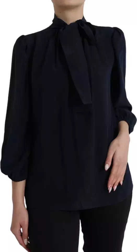 Blue Long Sleeves Ascot Collar Blouse Top