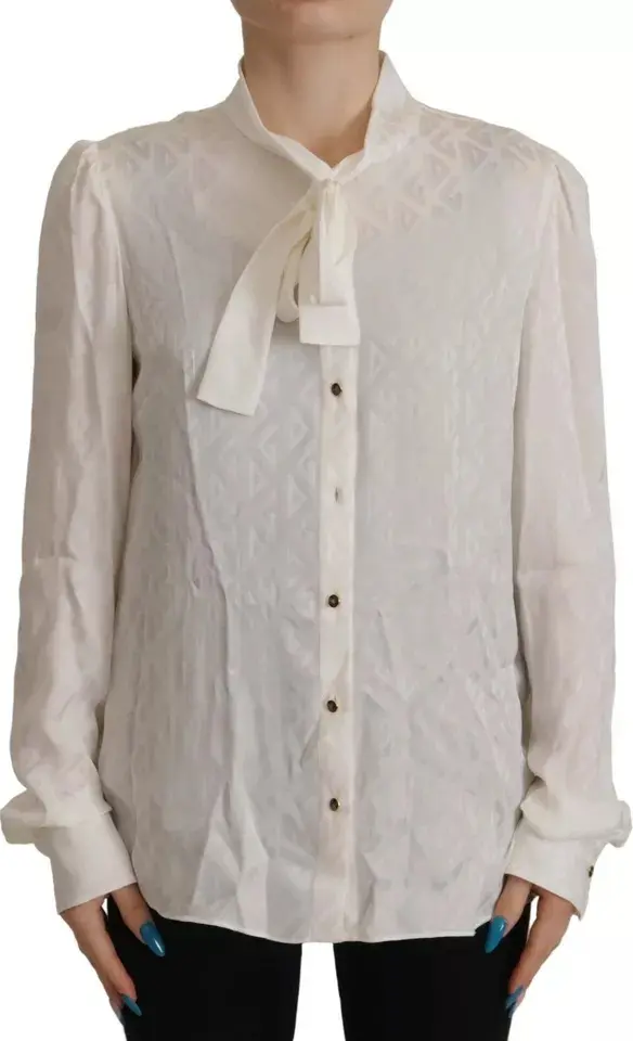 White Patterned Silk Ascot Collar Blouse Top
