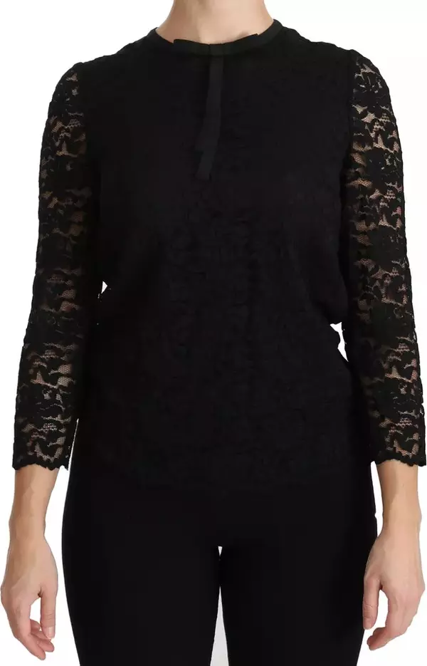 Black Lace Long Sleeve Blouse Nylon Top