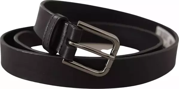Black Calf Leather Classic Metal Logo Buckle Belt