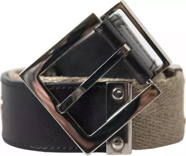 Black Leather Beige Strap Silver Metal Buckle Belt