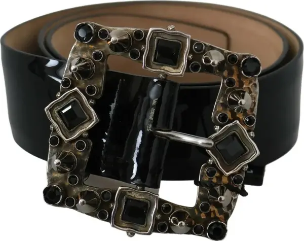 Black Shiny Leather Crystal Logo Buckle Belt
