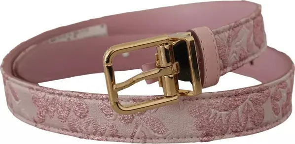 Pink Jaquard Embroidered Gold Tone Metal Buckle Belt