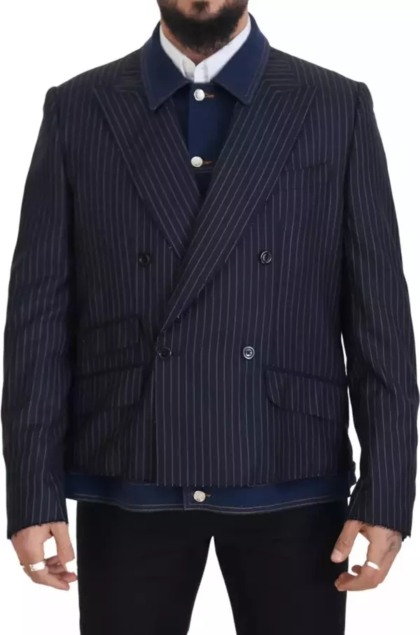 Blue Striped Double Breasted Denim Blazer