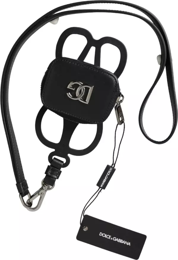 Black Calfskin Leather DG Logo Coin Purse Lanyard Wallet
