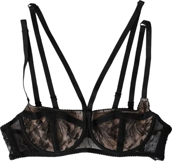 Black Floral Lace Nylon Balconcino Bra Underwear