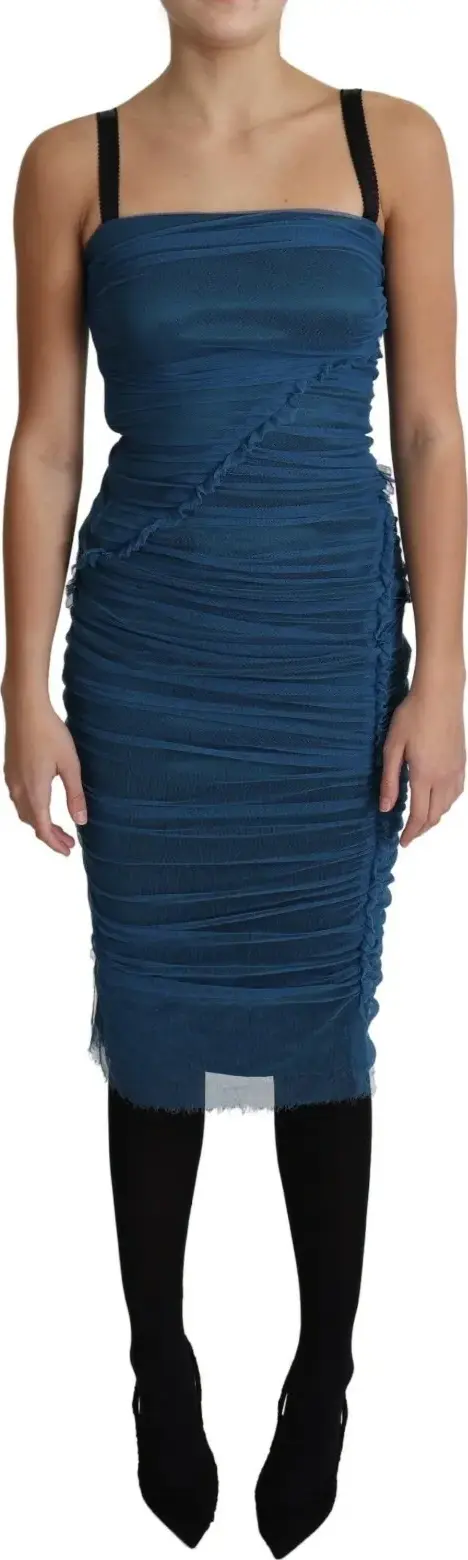 Blue Draped Tulle Midi Sheath Cotton Dress