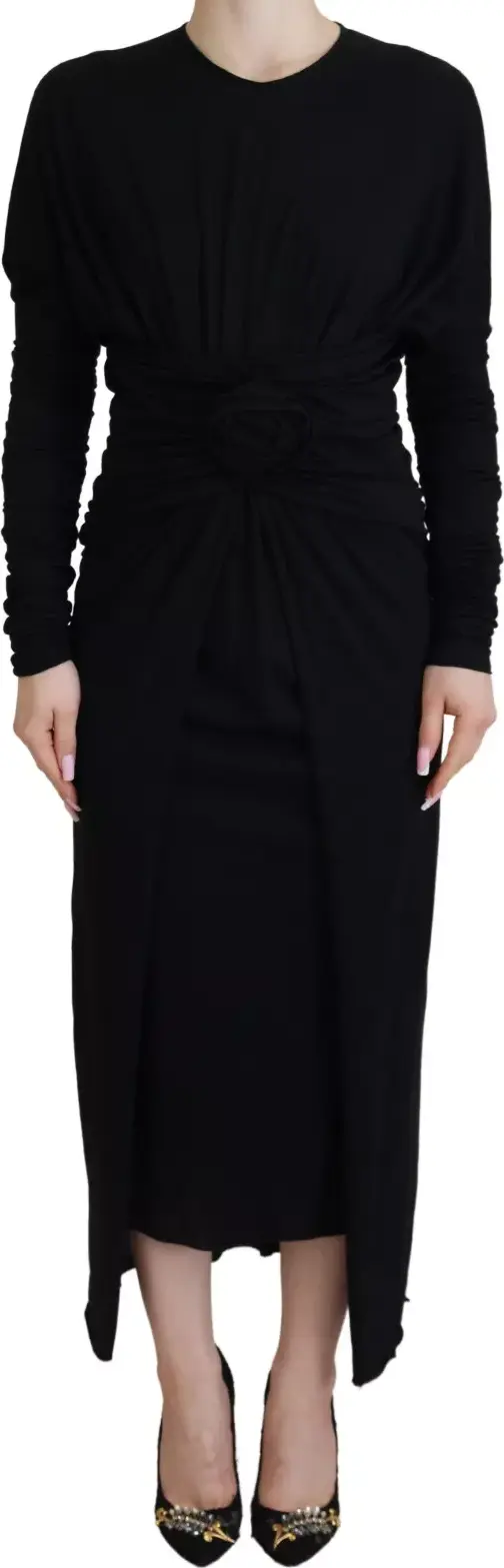 Black Sheath Midi Gown Wool Wrap Dress