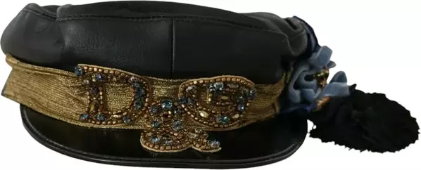 Black Leather Crystal Beads Gold Ribbon Fiddler Cap