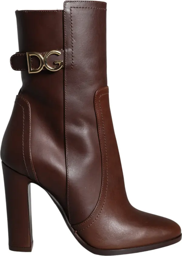 Brown Leather Heels Mid Calf Boots Shoes