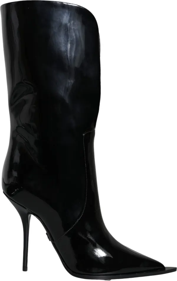 Black Patent Leather Mid Calf Boots Shoes