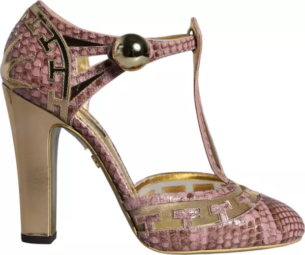 Pink Gold Leather Pumps T-strap Sandals Shoes