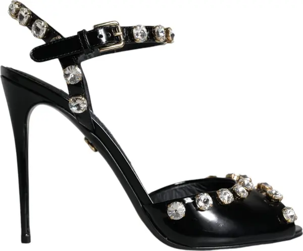 Black Leather Crystal Ankle Strap Sandals Shoes