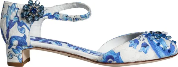 White Blue Majolica Print Ankle Strap Sandals Shoes